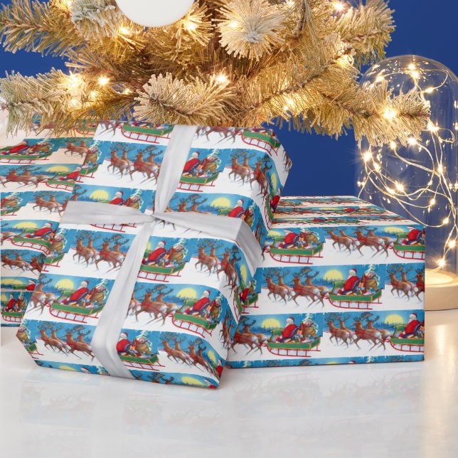 Papier Cadeau Vintage Noël Père Noël rennes carrelé (Vacances)