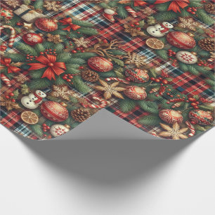 Papier Cadeau Vintage Noël Verdure Botanique Plaid Motif
