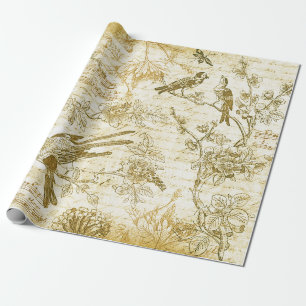 Papier Cadeau Vintage Oiseaux beiges d'or Fleurs Écriture frança