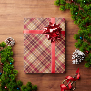 Papier Cadeau Vintage or brun rouge diagonale plaid pays douille