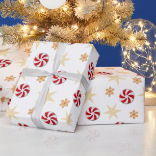 Papier Cadeau Vintage or et rouge menthe rétro Noël