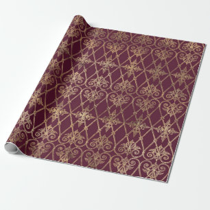 Papier Cadeau Vintage Paris Bourgogne Rouge et Or Damassé