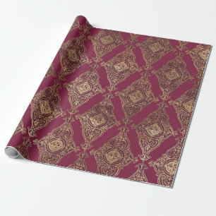 Papier Cadeau Vintage Paris Bourgogne Rouge et Or Grunge Damassé