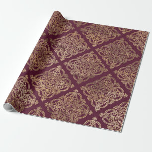 Papier Cadeau Vintage Paris Bourgogne Rouge et Or Grunge Damassé