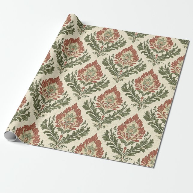 Papier Cadeau Vintage Red Green Damask Pattern (5) (Déroulé)