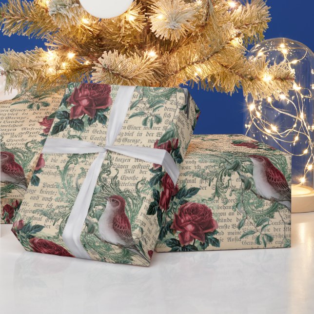 Papier Cadeau Vintage Red Roses Oiseaux Newsprint Noël (Vacances)