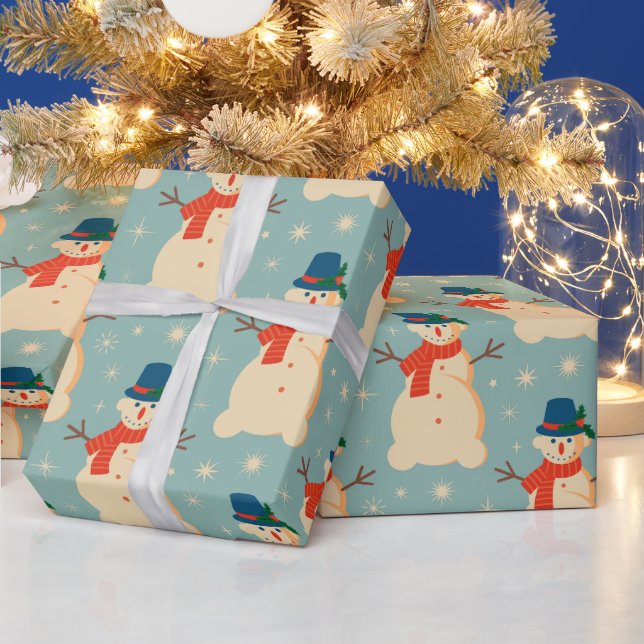 Papier Cadeau Vintage Retro Noël Snowman Bleu clair (Vacances)