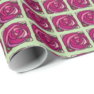 Papier Cadeau Vintage rose et vert Rose motif floral
