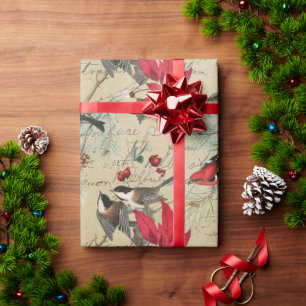 Papier Cadeau Vintage Rouge Poinsettia Oiseaux Script Noël