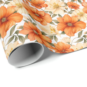 Papier Cadeau Vintage Rustic Orange Autumn Flowers Motif