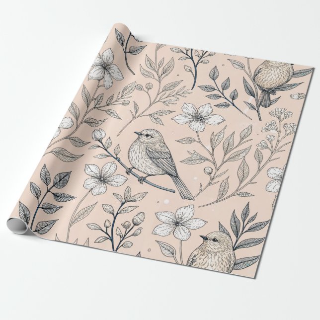 Papier Cadeau Vintage Sakura Cerry Blossom & Bird Aesthétiquemen (Déroulé)