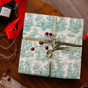 Papier cadeau vintage sarcelle toile de Jouy campa