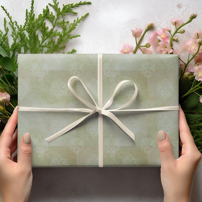 Papier Cadeau Vintage Smoky Green Faded Handwriting Damask  (Simple elegance)