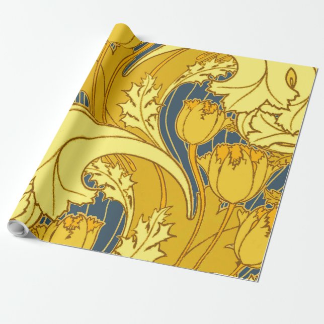 Papier Cadeau Vintage Tulip Blue Gold Motif (Déroulé)
