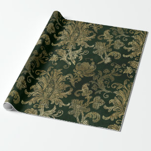 Papier Cadeau Vintage Vert & Or Faux Floral Velvet de Noël