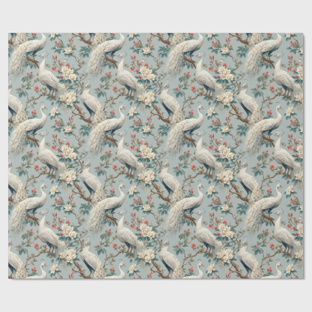 Papier Cadeau Vintage White Peacock & Floral Chinoiserie (Plat)