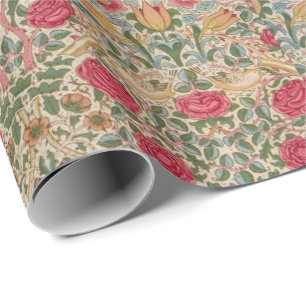 Papier Cadeau Vintage William Morris Rose Pink Jaune Oiseau Flor