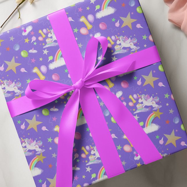 Papier Cadeau Violet couleur 1er Anniversaire Unicorn Motif (Créateur téléchargé)
