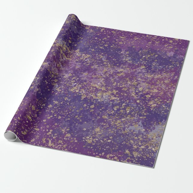 Papier Cadeau Violet et Or Éclaboussures Glam Moderne (Déroulé)
