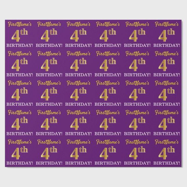 Papier Cadeau Violet, imitation or look "4e ANNIVERSAIRE" (Plat)
