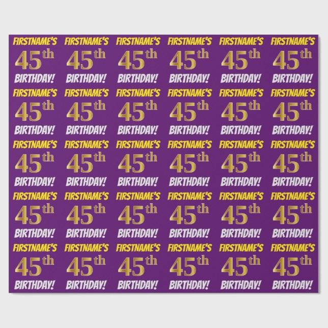 Papier Cadeau Violet, Or doré Faux/Imitation, "45e ANNIVERSAIRE" (Plat)