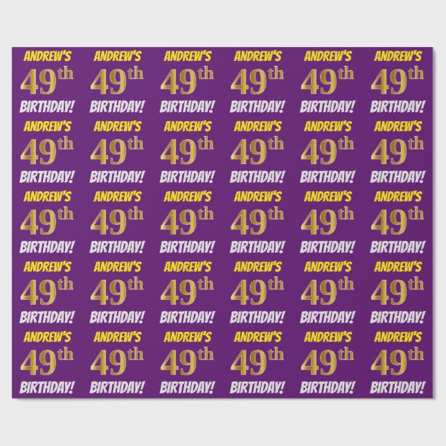 Papier Cadeau Violet, Or Faux/Imitation, "49e ANNIVERSAIRE" (Plat)