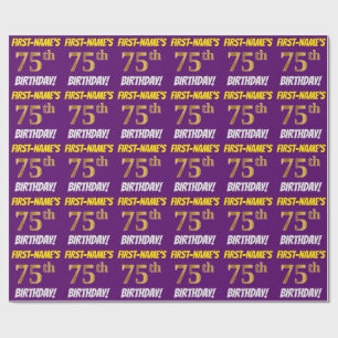 Papier Cadeau Violet, Or Faux/Imitation, "75e ANNIVERSAIRE"