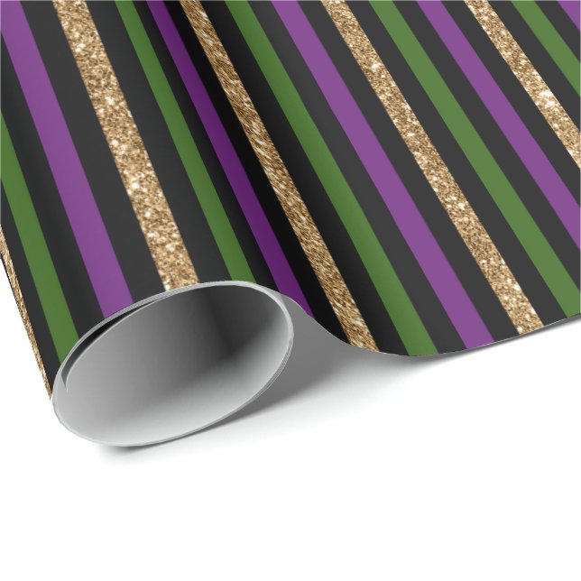 Papier Cadeau Violet, Vert, Noir, Faux Gold Stripes Mardi Gras (Coin rond)