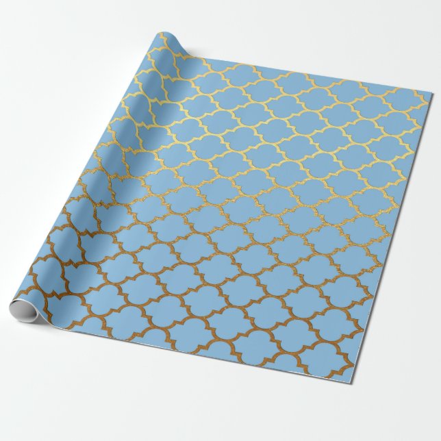 Papier Cadeau Vip géométrique Art déco moderne bleu doré (Déroulé)