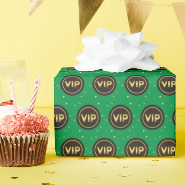 Papier Cadeau VIP or sur fond vert motif cercle noir (Fête d'anniversaire)