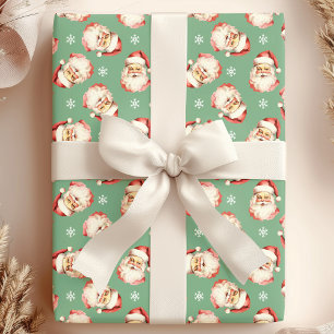 Papier Cadeau Visage de Père Noël Vintage Vert Aquarelle