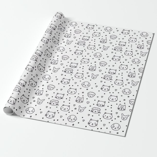 Papier Cadeau Visages d'animaux minimalistes mignons (Déroulé)