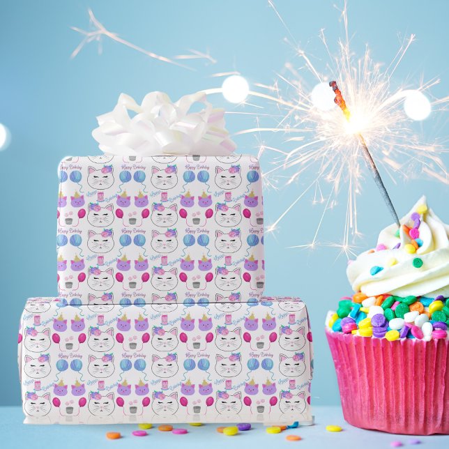 Papier Cadeau Visages de chat mignons Célébration d'anniversaire (Créateur téléchargé)