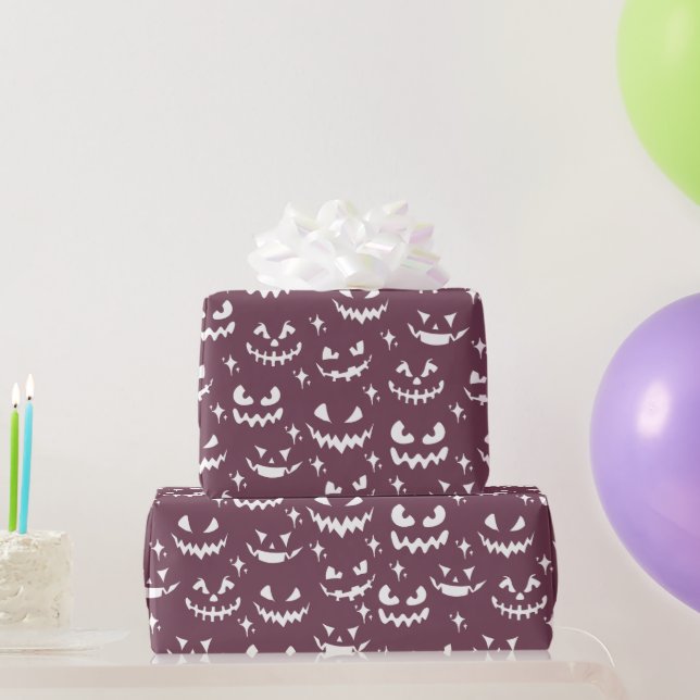 Papier Cadeau Visages de citrouilles effrayants violets pour Hal (Cadeaux de fête)