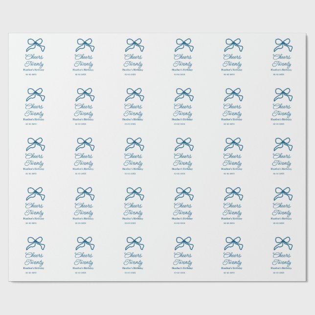 Papier Cadeau Vive vingt nœud papillon bleu nom date boho ret (Plat)