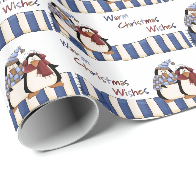 Papier Cadeau Vœux de Noël chaleureux de pingouin (Coin rond)