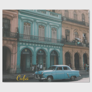 Papier Cadeau Voiture Américaine Vintage Turquoise Cuba Colonial