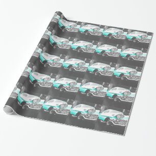 Papier Cadeau voiture classique Chevrolet Impala 1958 bleu vif