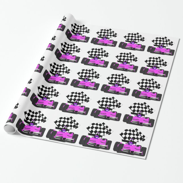 Papier Cadeau Voiture de course rose avec drapeau À damiers (Déroulé)