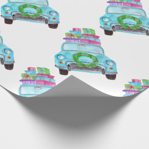Papier Cadeau Voiture de Noël aquarelle peinte à la main