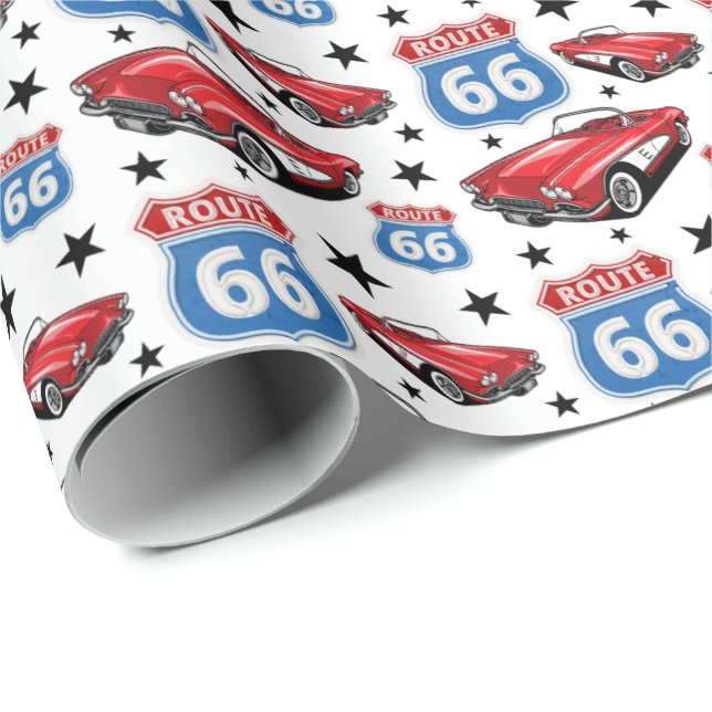 Papier Cadeau Voiture de sport classique rouge C1 1961 Route 66 (Coin rond)