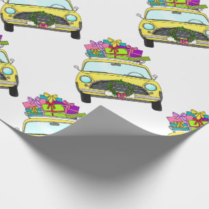 Papier Cadeau Voiture jaune avec cadeaux de Noël