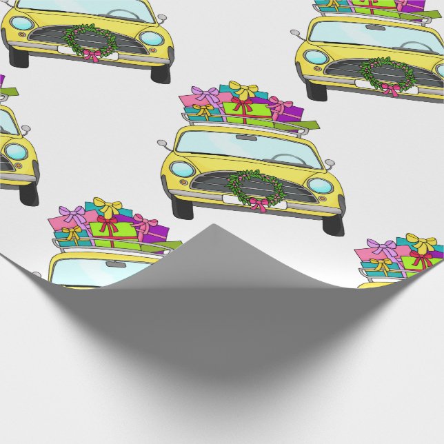 Papier Cadeau Voiture jaune avec cadeaux de Noël (Coin)