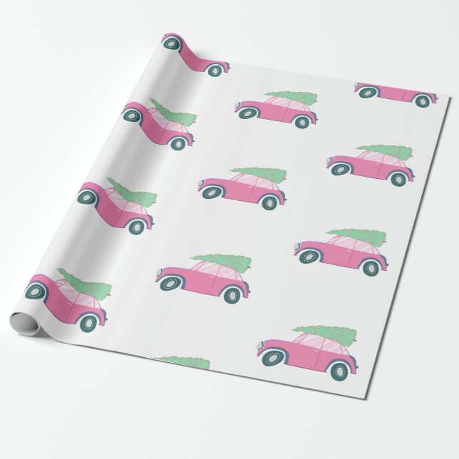 Papier Cadeau Voiture rose mignonne avec arbre de Noël en aquare (Déroulé)