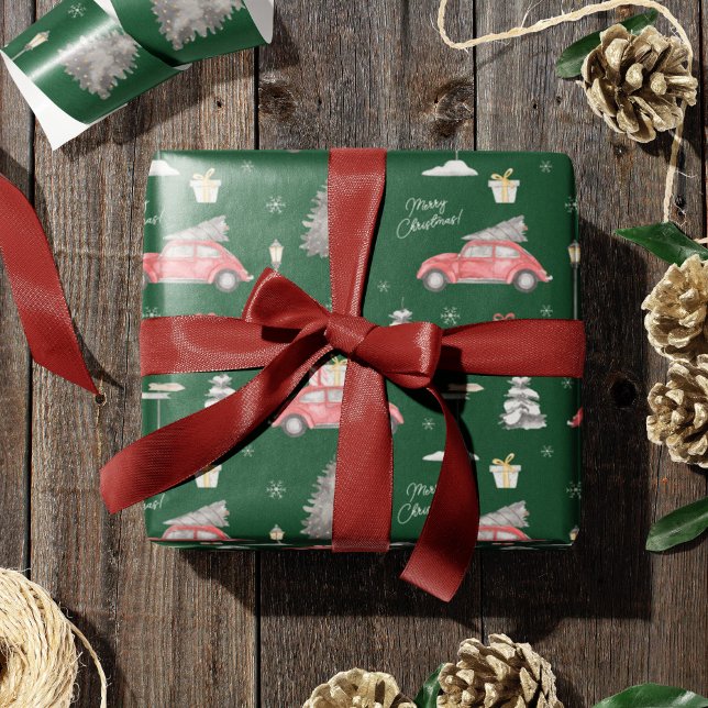 Papier Cadeau Voiture rouge Motif d'hiver Joyeux Noël vert (Créateur téléchargé)