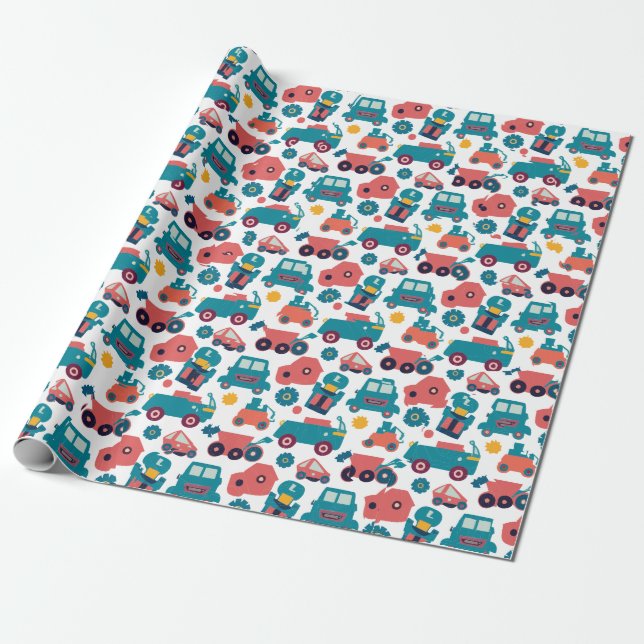 Papier Cadeau Voitures et camions et fleurs bleues (Déroulé)