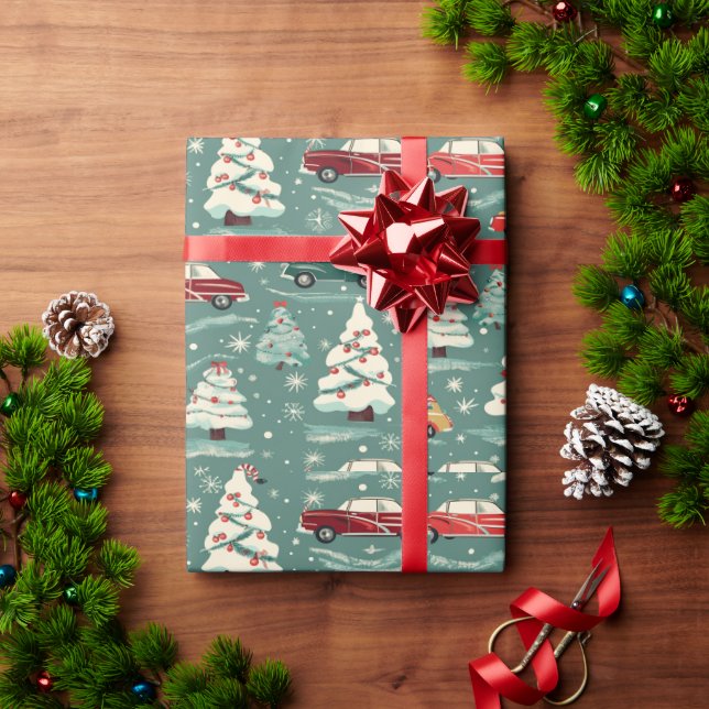Papier Cadeau Voitures vintage des sapins de Noël (Cadeau de vacances)