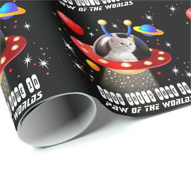 Papier Cadeau Votre chat dans un vaisseau spatial Alien UFO Sci  (Coin rond)