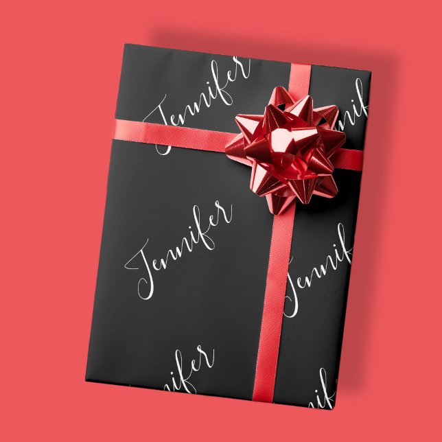 Papier Cadeau Votre nom | Écriture blanche élégante sur fond noi (Créateur téléchargé)