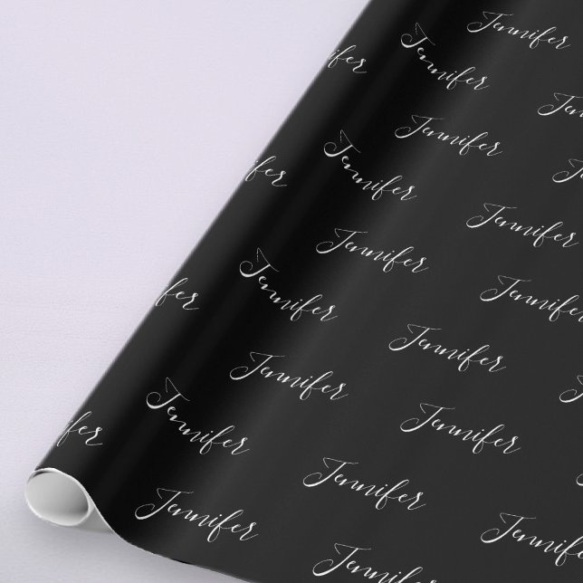 Papier Cadeau Votre nom | Élégant script blanc sur noir (Créateur téléchargé)